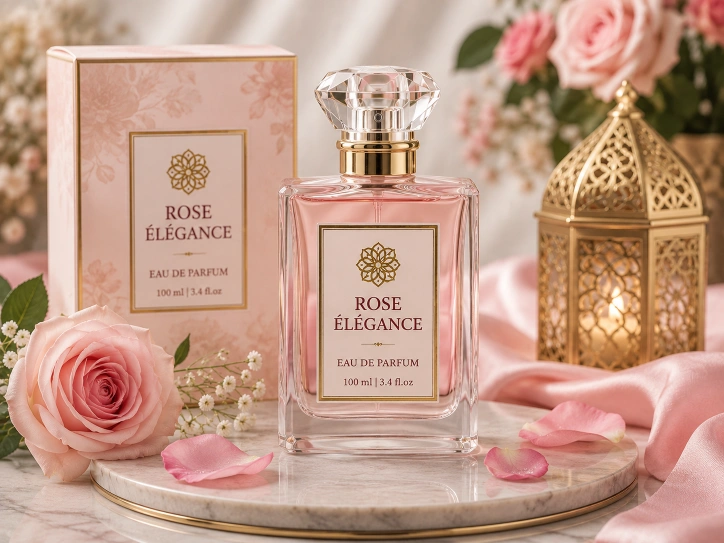 Royal Musk perfume bottle with rose flowers, luxury box, and Arabian lantern on a marble surface